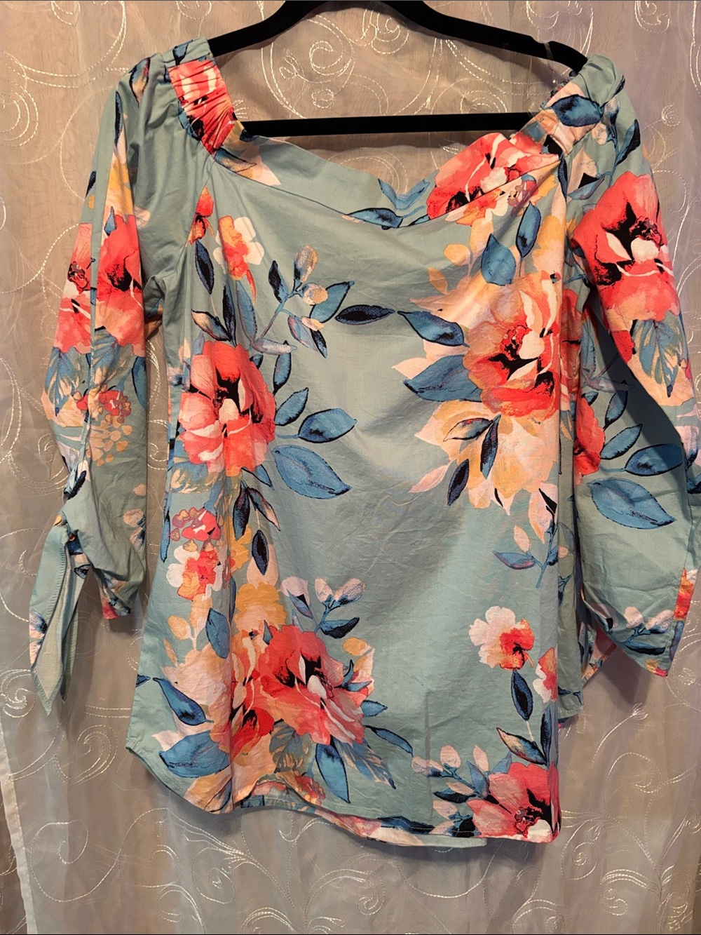 Floral Off-Shoulder Blouse in Mint Blue and Coral